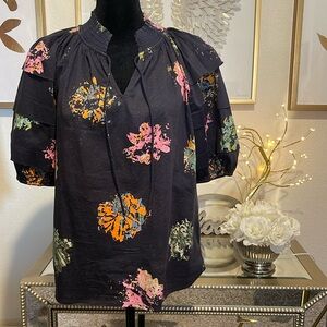 Nic + Zoe Bright Spot Floral Tie Neck Top Women's Size PM